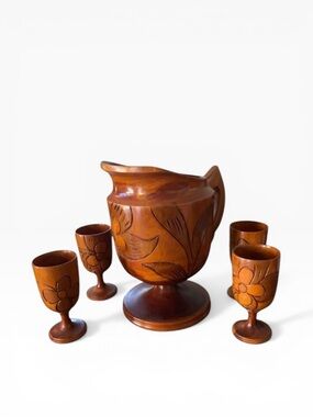 Mid Century Hand Carved Wood Water Pitcher & 4 Wine Goblets Chalices Floral